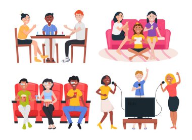 Arkadaşlar birlikte eğleniyor. Masa oyunları oynamak, film izlemek, karaoke söylemek, konuşmak. Çizgi film karakterleri. Vektör seti 