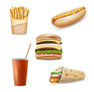 Fast food vektör simgesi ayarlandı. Hamburger, sosisli, patates kızartması, soda ve pide kebap.