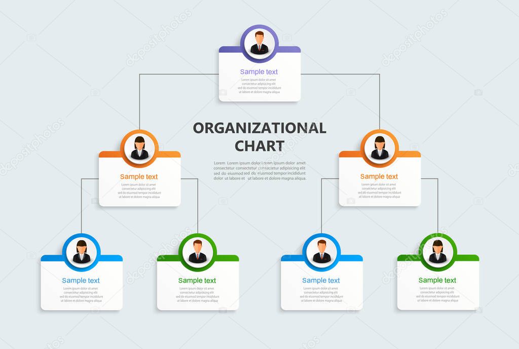 Corporate organizational chart with business avatar  icons. Business hierarchy infographic elements. Vector illustration