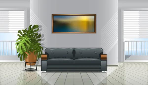 Interior Dengan Sofa Tanaman Dan Gambar Dinding Ilustrasi Vektor - Stok Vektor