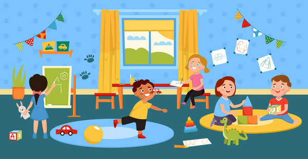 Дети играют в комнате. Деятельность детей в детском саду. Мальчики и девочки играют в игрушки и рисуют. Мультфильм-векторная иллюстрация 