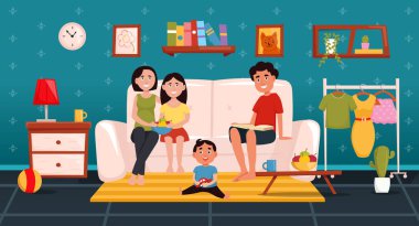 Oturma odasındaki kanepede oturan çocuklu mutlu bir aile. Çizgi film karakterleri. Düz tasarım vektör çizimi