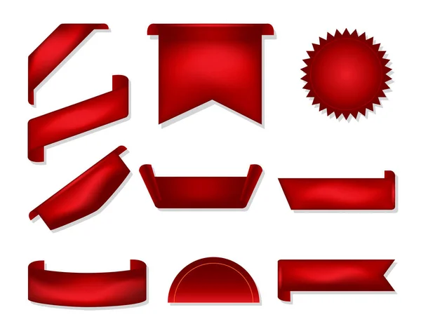 Tebrik kartları, hediyeler, promosyonlar ve indirimler için kırmızı kurdele seti. Beyaz arkaplanda izole nesneler