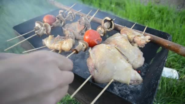 Een Man Cook Barbecue — Stockvideo