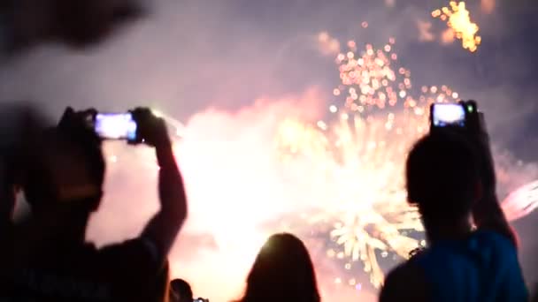 Um grupo de pessoas que ficam na frente da exibição de fogos de artifício e filmar show de luz — Vídeo de Stock