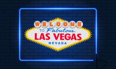 Klasik retro Las Vegas tabelasına hoş geldiniz. Neon kare çerçeve. Tuğla duvar arka planı. Basit modern düz vektör biçimi çizimi
