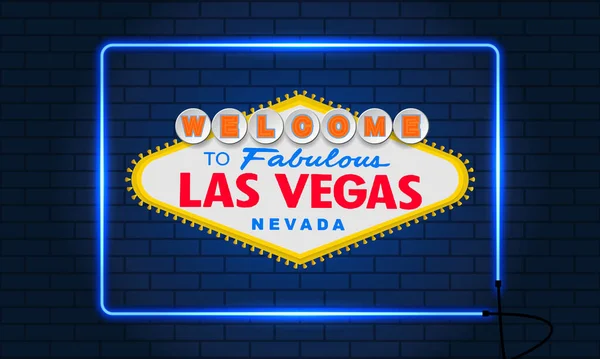 Klassiek Retro Welkom Las Vegas Neon Kwadraat Frame Stenen Muur — Stockvector