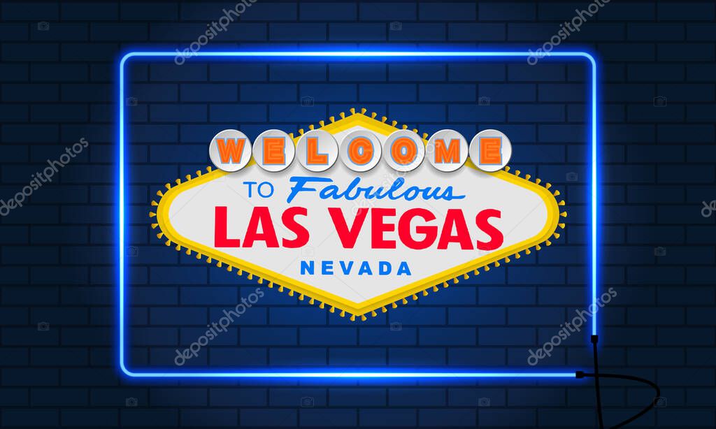 Classic retro Welcome to Las Vegas sign. Neon squared frame. Brick wall background. Simple modern flat vector style illustration