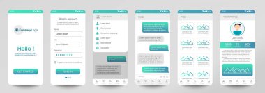 Mobil uygulama sohbet odası tasarımı, UI, UX, GUI. Giriş ve parola girdisi olan kullanıcı kayıt ekranları, giriş yapın, giriş yapın, ana sayfayı imzalayın. Modern tarz. Minimum uygulama. Kullanıcı Tasarım Şablonu.