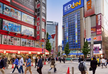 Tokyo, Japonya - 20 Mayıs 2016: Tokyo, Japonya'da Akihabara ilçe. Elektronik, bilgisayar, anime, oyunlar ve otaku mallar için önemli bir alışveriş bölgesi ilçesidir.