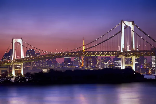 Panorama Tokia v noci Duhový most s citronem na ostrově Odaiba v Japonsku — Stock fotografie