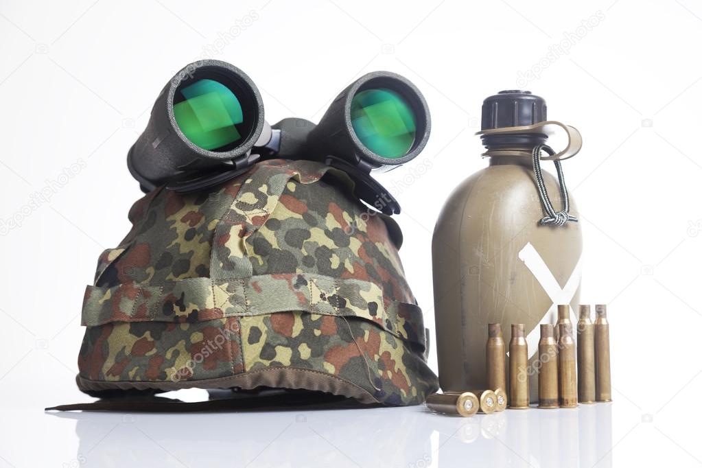 Military equipment with helmet and binoculars