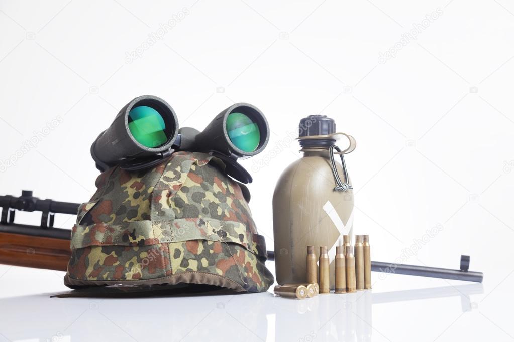 Military set with helmet, binoculars