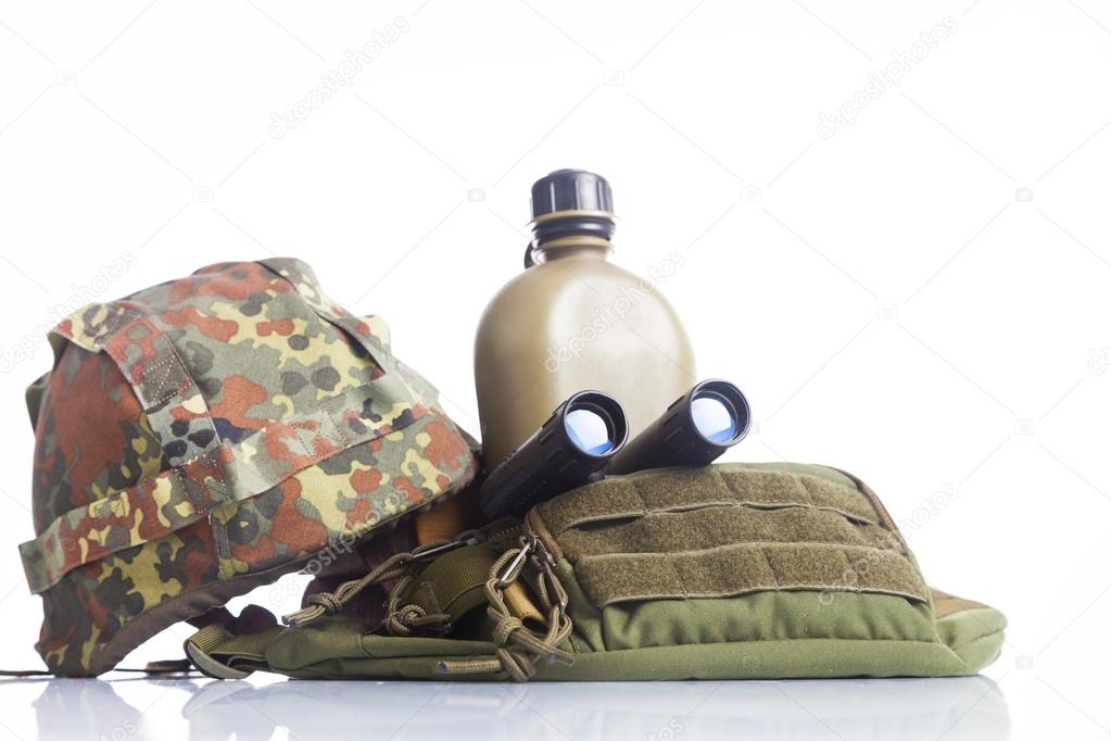 Military set with helmet, binoculars