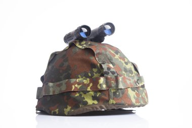 Military equipment with helmet and binoculars clipart