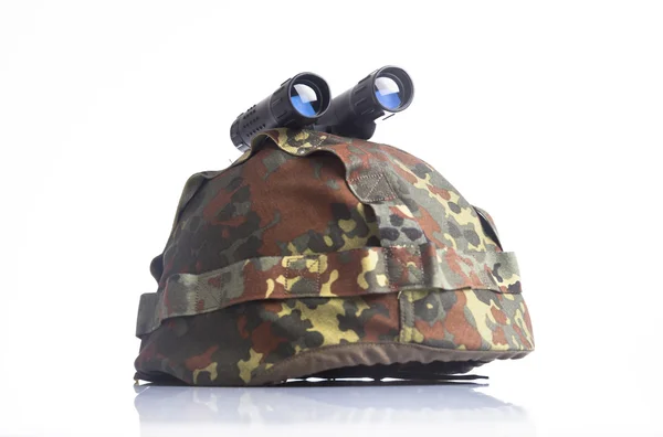 Military equipment with helmet and binoculars — Stock Photo, Image