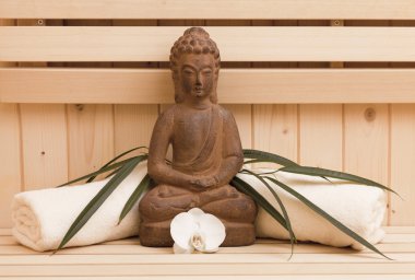 Ayurveda sembolleri gevşeme ve iç güzellik, Buda heykeli Sauna için