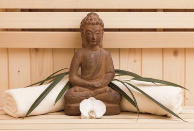 Ayurveda sembolleri gevşeme ve iç güzellik, Buda heykeli Sauna için
