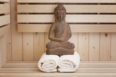 Ayurveda sembolleri gevşeme ve iç güzellik, Buda heykeli Sauna için
