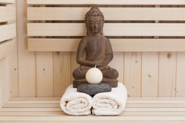 Ayurveda sembolleri gevşeme ve iç güzellik, Buda heykeli Sauna için