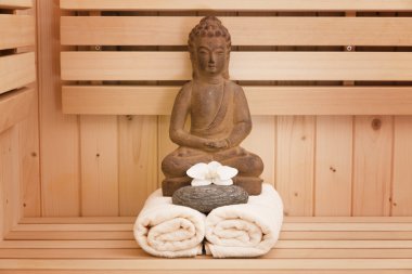 Ayurveda sembolleri gevşeme ve iç güzellik, Buda heykeli Sauna için