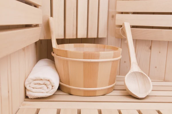 Sauna finlandesa, accesorios de bienestar y spa — Foto de Stock