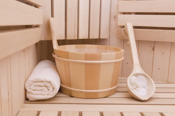 Sauna finlandesa, accesorios de bienestar y spa — Foto de Stock
