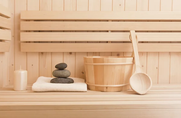 Sauna finlandesa, accesorios de bienestar y spa — Foto de Stock