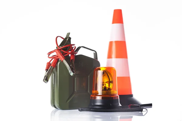 Car accessories with fuel can and traffic cone — Stock Photo, Image