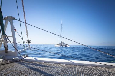 katamaran yelkenli. Sakin mavi okyanus ve Bulutsuz mavi gökyüzü arka planda vardır