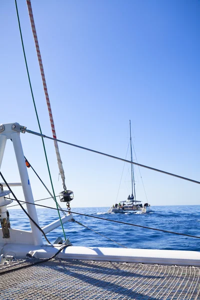 Catamarã veleiro. calmo oceano azul e céu azul sem nuvens estão no fundo — Fotografia de Stock