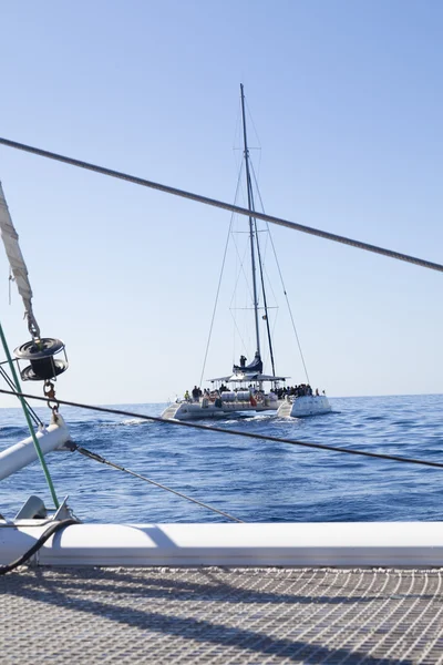 Catamarã veleiro. calmo oceano azul e céu azul sem nuvens estão no fundo — Fotografia de Stock