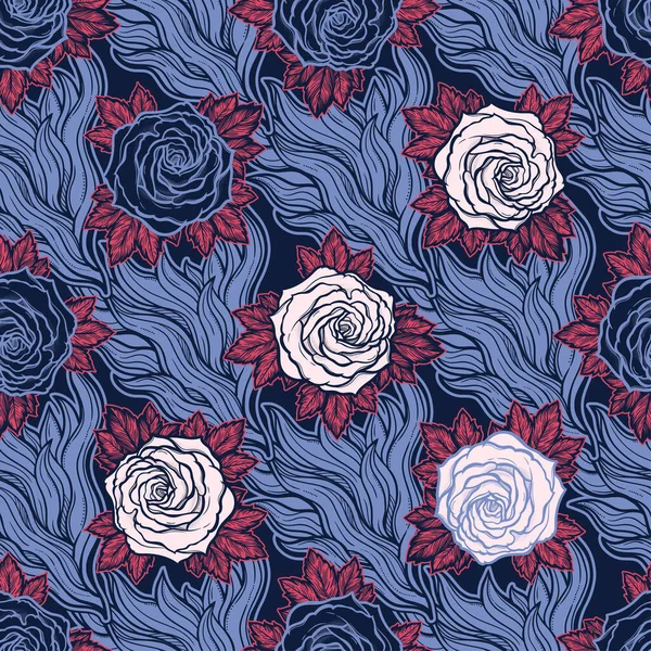 Tatouages vintage motif sans couture avec de belles roses et illustration vectorielle de feu — Image vectorielle