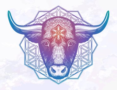 OrnateTaurus Zodiac Yıldız İşareti. Uyumun sembolü, yeni yılda şans. Vektör illüstrasyonu izole edildi. Dövme için ruhani sanat.
