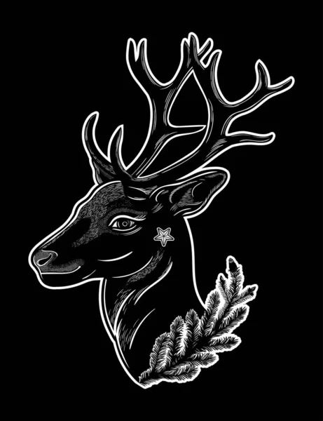 Deer head silhouette with coniferous branch. Dreamy magic art. Night, nature, wicca symbol. Isolated vector illustration. Great outdoors, tattoo design. — Stock Vector