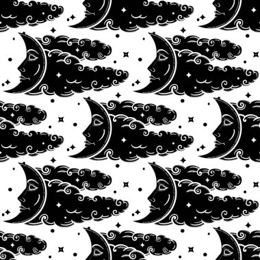 Bulutlu gökyüzü süsü üzerindeki hilal ay. Etnik dekoratif kusursuz desen. Vintage vektör duvar kağıdı, dekoratif vektör sanatı.