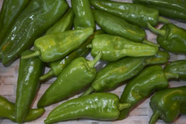 Yeşil boynuz biberleri topladı. 