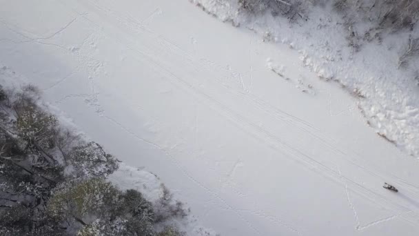 Man Snowmobile Rides Frozen River Snowy White Forest Drone Flies — Video Stock