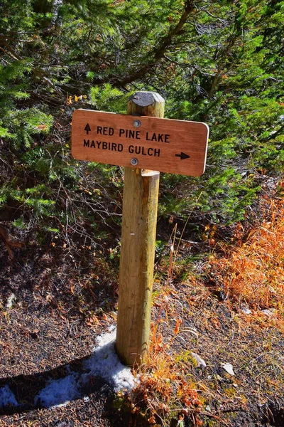 Trail Sign on Red Pine and White Pine Lake hiking trail in Lone Peak Wilderness on White Baldy and Pfeifferhorn in Little Cottonwood Canyon, Wasatch Rocky mountain Range, Utah, United States.
