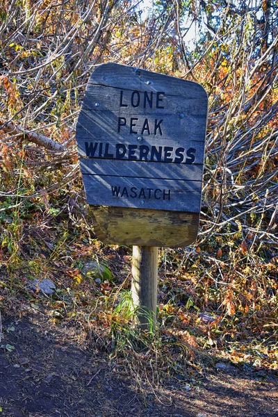 Trail Sign on Red Pine and White Pine Lake hiking trail in Lone Peak Wilderness on White Baldy and Pfeifferhorn in Little Cottonwood Canyon, Wasatch Rocky mountain Range, Utah, United States.