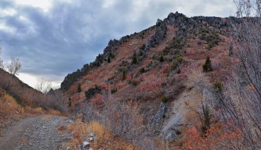Provo Peak dağ manzarası Rock Canyon 'dan Slate Canyon, Wasatch Front Rocky Mountain Range, Utah' a bakıyor. Birleşik Devletler. 