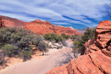 Saddleback Tuacahn çölü yürüyüş yolu manzarası, Padre Canyon, Cliffs Ulusal Koruma Alanı Vahşi Doğa, Kar Kanyonu Eyalet Parkı St George, Utah, ABD. ABD.