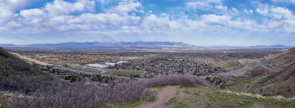 Rocky Mountains landscape views from Grandeur Peak hiking trail, Bonneville Shoreline Pipe Line Overlook Rattlesnake Gulch trail, Wasatch Front, by Salt Lake City, Utah. United States. USA