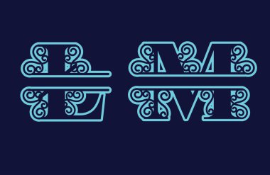 Alfabe Bölünmüş Monogram, Ayrılmış Harf Monogramı, Alfabe Çerçeve Yazıtipi. Lazer şablonu kesti. İlk harfler..