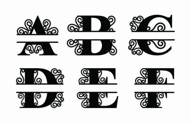 Alfabe Bölünmüş Monogram, Ayrılmış Harf Monogramı, Alfabe Çerçeve Yazıtipi. Lazer şablonu kesti. İlk harfler..