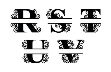 Alfabe Bölünmüş Monogram, Ayrılmış Harf Monogramı, Alfabe Çerçeve Yazıtipi. Lazer şablonu kesti. İlk harfler..