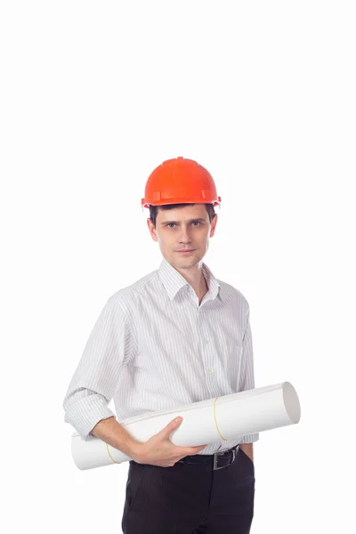 Чоловік у сорочці, помаранчевий будівельний шолом з рулоном паперу — стокове фото
