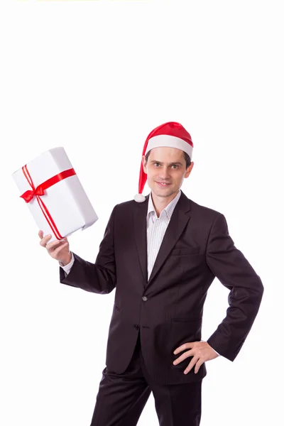 Man suit and hat with Christmas gift in hand on white backgro — Stock Photo, Image