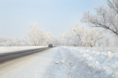 Ormanda uzaktan bırakarak bir kış yolda araba