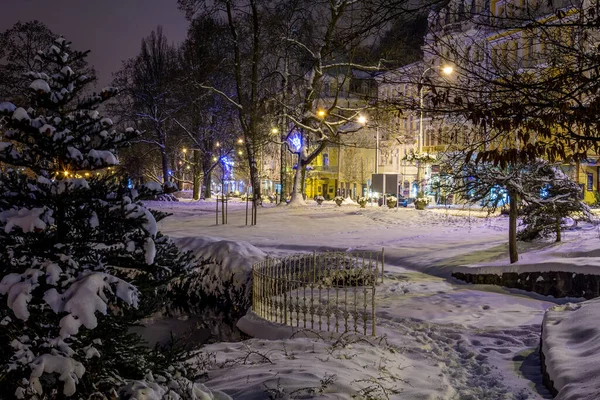 Central Park Nocy Śnieżna Zima Małym Zachodnioczeskim Uzdrowisku Marianske Lazne — Zdjęcie stockowe
